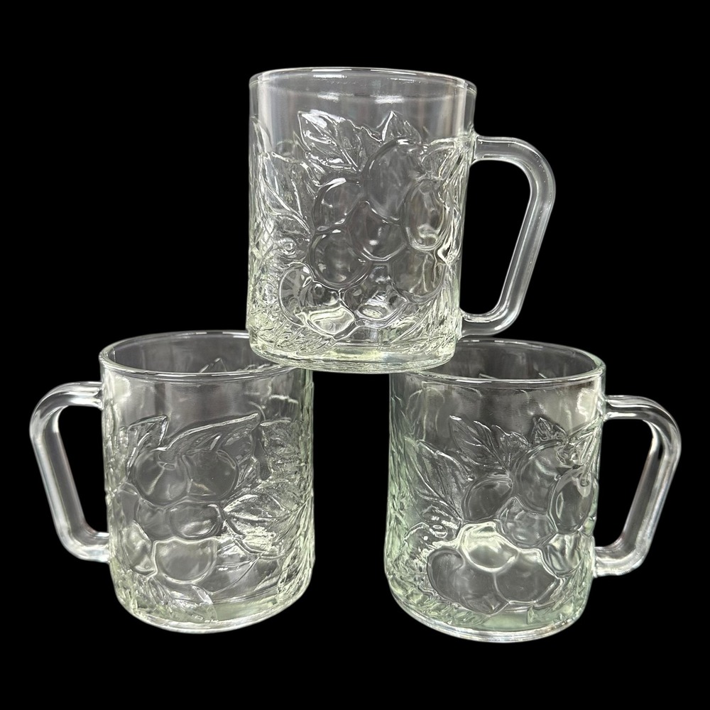 Vintage KIG Indonesia Clear Glass Fruit Mug SET OF 3 Pressed‎ 10oz Coffee 3 7/8"